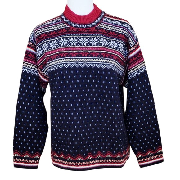 VTG Lands' End Crew Neck Fair Isle Nordic 100% Wool Snowflake Sweater Size 6-8 - Picture 1 of 10